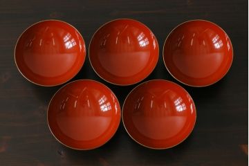 和製アンティーク　漆器　迫力ある図柄の描かれた木製椀5客セット(和食器)