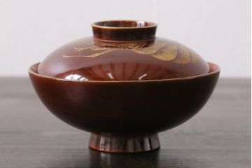 和製アンティーク　漆器　迫力ある図柄の描かれた木製椀5客セット(和食器)