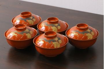 和製アンティーク　松・鶴図柄　縁起物の蒔絵が美しい木製椀5客セット(漆器、和食器)