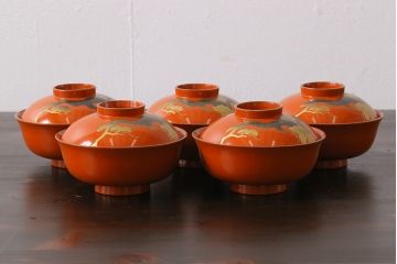 和製アンティーク　松・鶴図柄　縁起物の蒔絵が美しい木製椀5客セット(漆器、和食器)