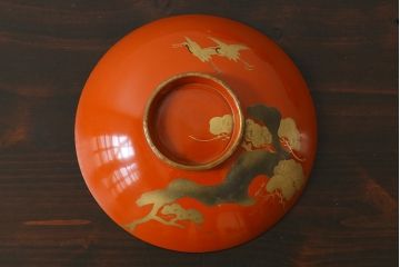 和製アンティーク　松・鶴図柄　縁起物の蒔絵が美しい木製椀5客セット(漆器、和食器)