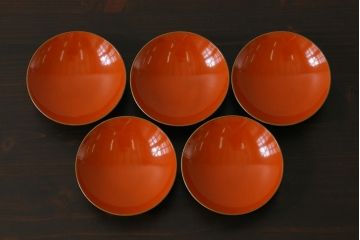 和製アンティーク　松・鶴図柄　縁起物の蒔絵が美しい木製椀5客セット(漆器、和食器)