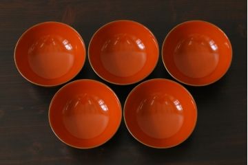 和製アンティーク　松・鶴図柄　縁起物の蒔絵が美しい木製椀5客セット(漆器、和食器)