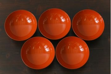 和製アンティーク　金彩の折り鶴が魅力的な木製椀(漆器、和食器)5客セット(1)