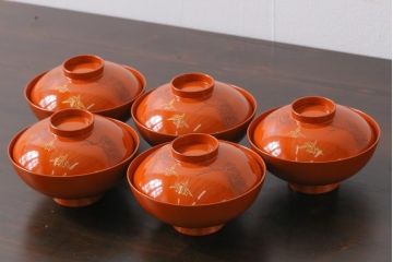 和製アンティーク　金彩の折り鶴が魅力的な木製椀(漆器、和食器)5客セット(2)