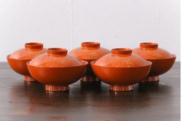 和製アンティーク　金彩の折り鶴が魅力的な木製椀(漆器、和食器)5客セット(2)