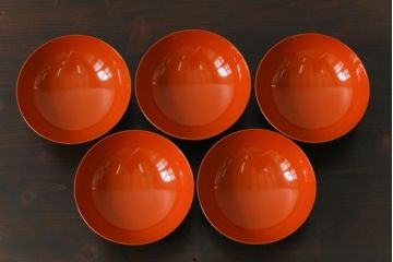 和製アンティーク　金彩の折り鶴が魅力的な木製椀(漆器、和食器)5客セット(2)