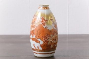 和製アンティーク　九谷赤絵　牡丹花鳥　孔雀　箱付き　徳利・お猪口・盃洗　酒器セット(九谷焼、盃、和食器)