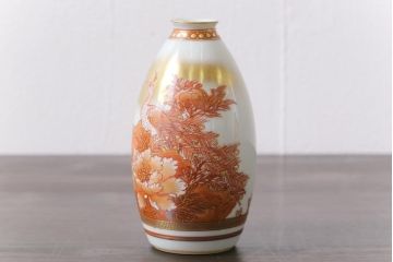 和製アンティーク　九谷赤絵　牡丹花鳥　孔雀　箱付き　徳利・お猪口・盃洗　酒器セット(九谷焼、盃、和食器)