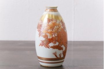 和製アンティーク　九谷赤絵　牡丹花鳥　孔雀　箱付き　徳利・お猪口・盃洗　酒器セット(九谷焼、盃、和食器)