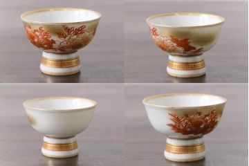 和製アンティーク　九谷赤絵　牡丹花鳥　孔雀　箱付き　徳利・お猪口・盃洗　酒器セット(九谷焼、盃、和食器)