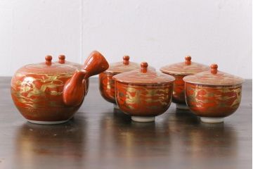 和製アンティーク　九谷赤絵　箱付き　急須・湯呑茶碗　茶器セット(九谷焼、和食器)