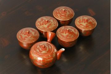 和製アンティーク　九谷赤絵　箱付き　急須・湯呑茶碗　茶器セット(九谷焼、和食器)