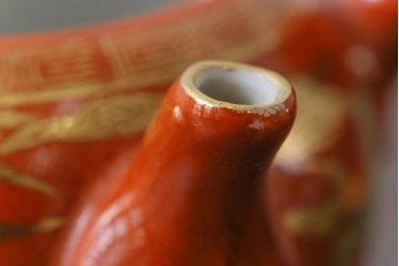 和製アンティーク　九谷赤絵　箱付き　急須・湯呑茶碗　茶器セット(九谷焼、和食器)