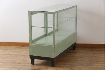 ペイント家具　モールガラス入り　引き戸収納付きレトロなガラスケース(ショーケース、陳列棚、飾り棚)