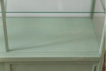 ペイント家具　モールガラス入り　引き戸収納付きレトロなガラスケース(ショーケース、陳列棚、飾り棚)