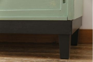 ペイント家具　モールガラス入り　引き戸収納付きレトロなガラスケース(ショーケース、陳列棚、飾り棚)