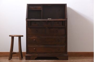 中古　松本民芸家具　シックな雰囲気漂うT型ライティングビューロー(ワークデスク、在宅ワーク、在宅用)(定価約31万円)(1)