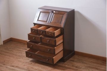 中古　松本民芸家具　シックな雰囲気漂うT型ライティングビューロー(ワークデスク、在宅ワーク、在宅用)(定価約31万円)(1)