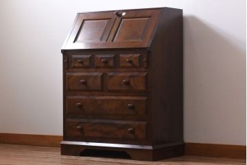 中古　松本民芸家具　シックな雰囲気漂うT型ライティングビューロー(ワークデスク、在宅ワーク、在宅用)(定価約31万円)(1)