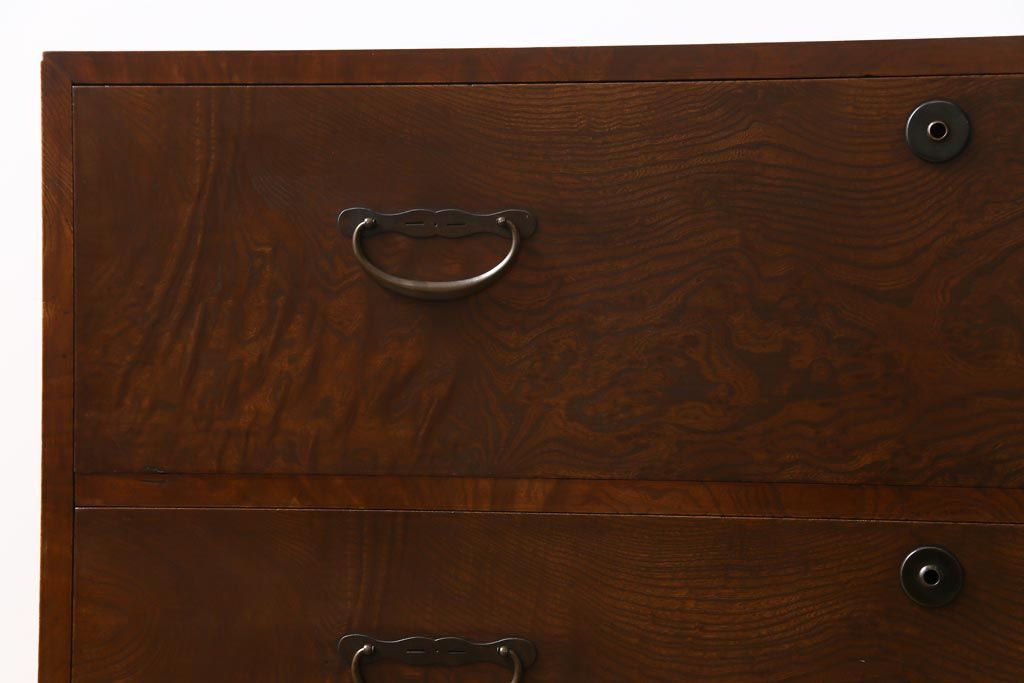 アンティーク家具　和製アンティーク　前面ケヤキ玉杢材　銅金具が味わい深いローボード(ローチェスト、引き出し)