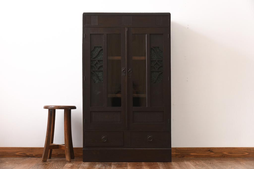 アンティーク家具　大正ロマン　栓材　当時物色ガラス　深みのある色味が魅力のブックケース(本箱、収納棚)