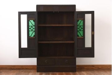 アンティーク家具　大正ロマン　栓材　当時物色ガラス　深みのある色味が魅力のブックケース(本箱、収納棚)