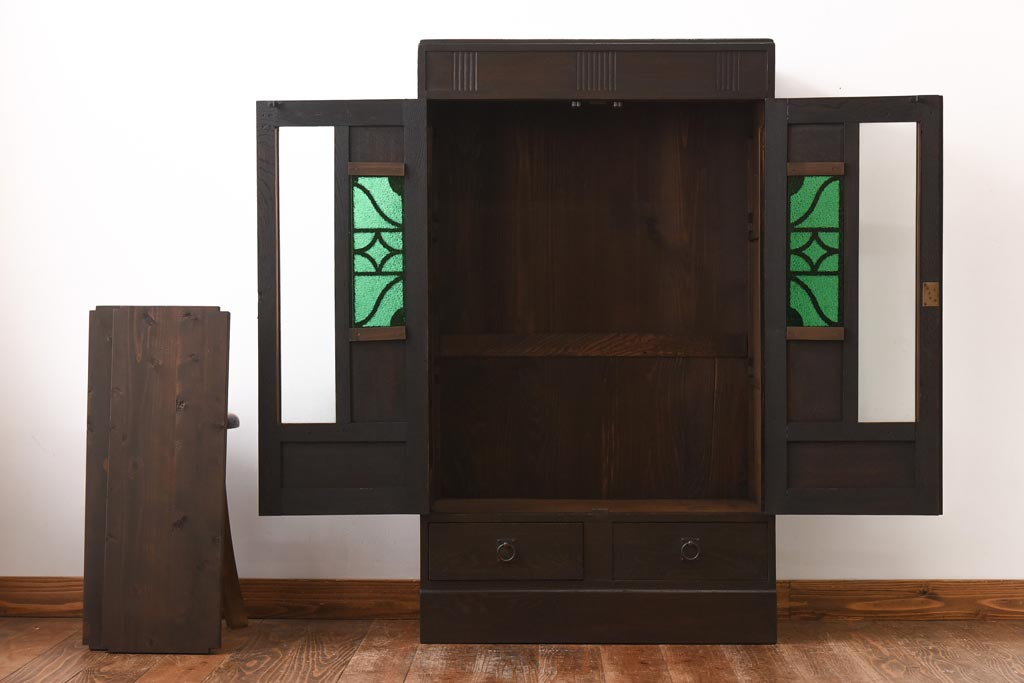 アンティーク家具　大正ロマン　栓材　当時物色ガラス　深みのある色味が魅力のブックケース(本箱、収納棚)