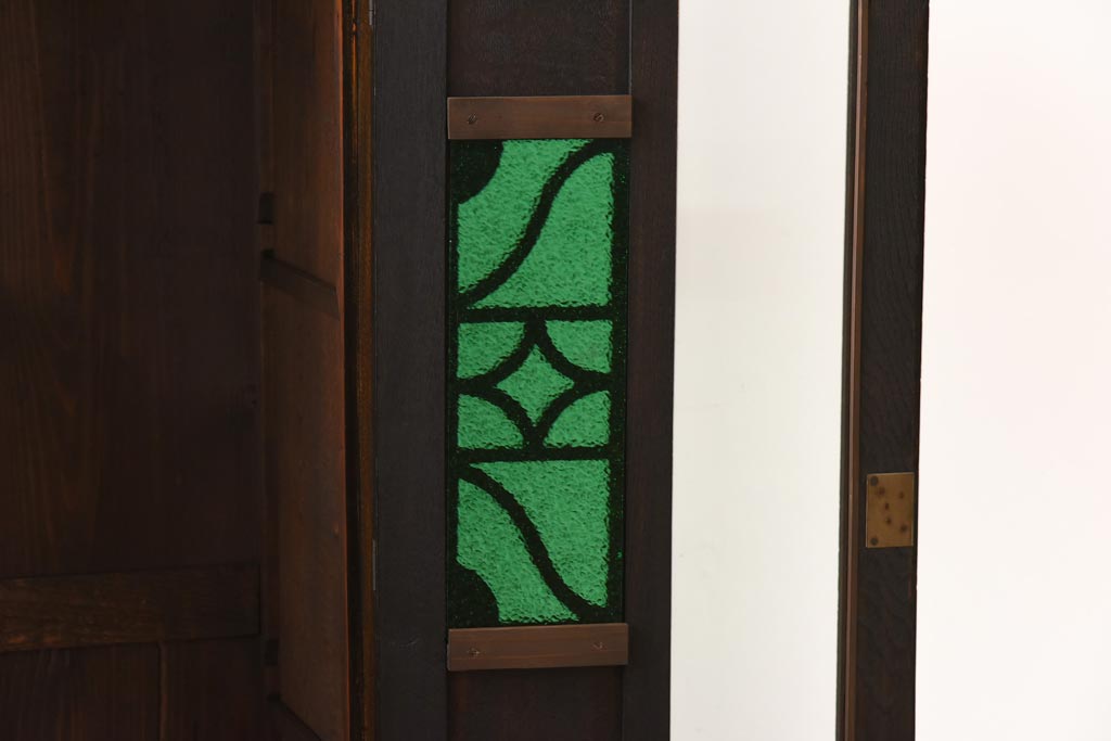 アンティーク家具　大正ロマン　栓材　当時物色ガラス　深みのある色味が魅力のブックケース(本箱、収納棚)