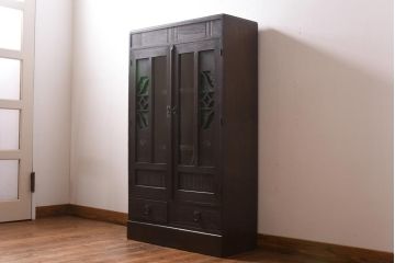 アンティーク家具　大正ロマン　栓材　当時物色ガラス　深みのある色味が魅力のブックケース(本箱、収納棚)