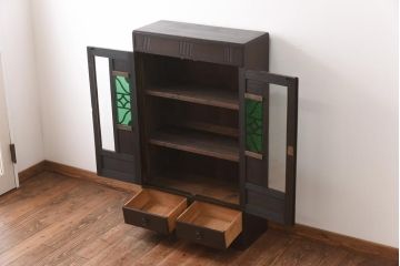 アンティーク家具　大正ロマン　栓材　当時物色ガラス　深みのある色味が魅力のブックケース(本箱、収納棚)