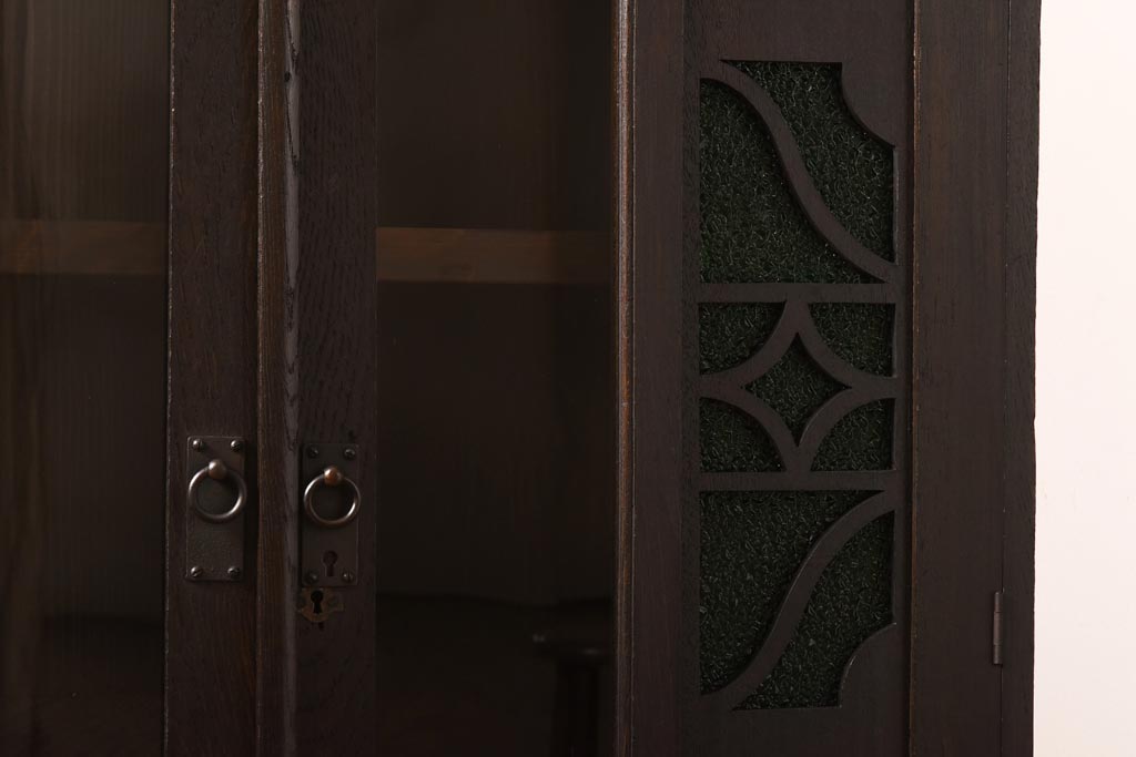 アンティーク家具　大正ロマン　栓材　当時物色ガラス　深みのある色味が魅力のブックケース(本箱、収納棚)