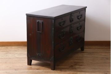 アンティーク家具　和製アンティーク　リメイク　前面ケヤキ材　鶴亀金具　二本松箪笥ローボード(時代箪笥、ローチェスト、和タンス)