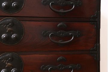 アンティーク家具　和製アンティーク　リメイク　前面ケヤキ材　鶴亀金具　二本松箪笥ローボード(時代箪笥、ローチェスト、和タンス)