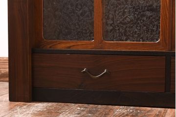 アンティーク家具　昭和初期　黒檀・栓材　結霜ガラスが上品なローボード(収納棚、置き床)