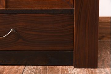 アンティーク家具　昭和初期　黒檀・栓材　結霜ガラスが上品なローボード(収納棚、置き床)