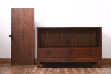 和製アンティーク　ラフジュオリジナルガラス　前面ケヤキ材　和の趣溢れる漆塗りのローボード(収納棚)