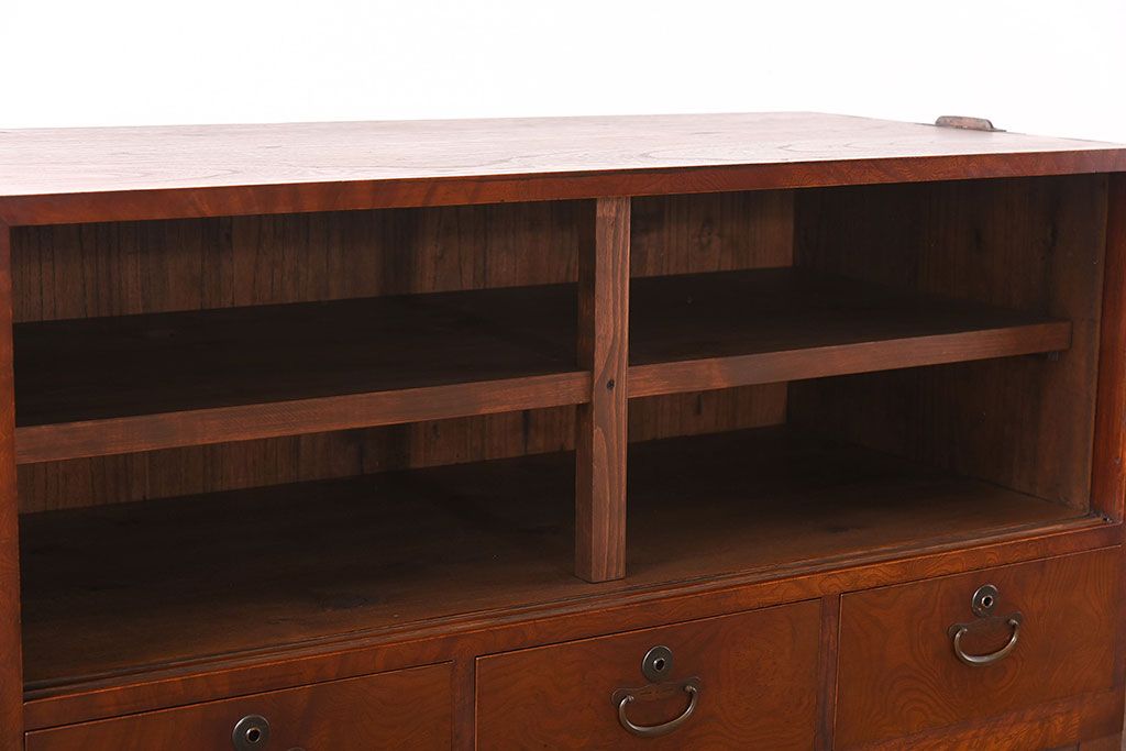 和製アンティーク　ラフジュオリジナルガラス　前面ケヤキ材　和の趣溢れる漆塗りのローボード(収納棚)