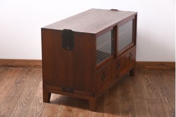 和製アンティーク　ラフジュオリジナルガラス　前面ケヤキ材　和の趣溢れる漆塗りのローボード(収納棚)