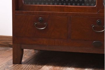 和製アンティーク　ラフジュオリジナルガラス　前面ケヤキ材　和の趣溢れる漆塗りのローボード(収納棚)