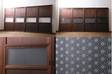 和製アンティーク　ラフジュオリジナルガラス入り　レトロモダンなガラス帯戸4枚セット(引戸、建具)