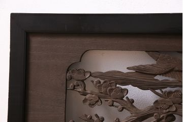和製アンティーク　桐材　花鳥図　奥行のある構図が見事な透かし彫りの欄間(明かり取り、装飾品)