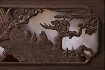 和製アンティーク　桐材　花鳥図　奥行のある構図が見事な透かし彫りの欄間(明かり取り、装飾品)(1)