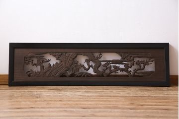 和製アンティーク　桐材　花鳥図　奥行のある構図が見事な透かし彫りの欄間(明かり取り、装飾品)(1)