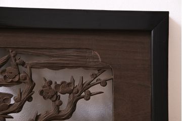 和製アンティーク　桐材　花鳥図　奥行のある構図が見事な透かし彫りの欄間(明かり取り、装飾品)(1)