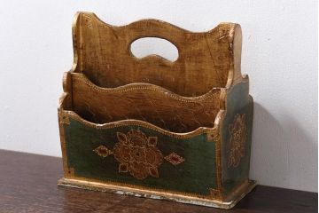 アンティーク雑貨　イタリアアンティーク　フローレンタイン　極彩色の装飾が豪華なレターラック(はがき入れ、小物収納)