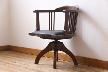 アンティーク家具　大正ロマン　ナラ材　本革座面が格好良いドクターチェア(回転椅子、ワークチェア)
