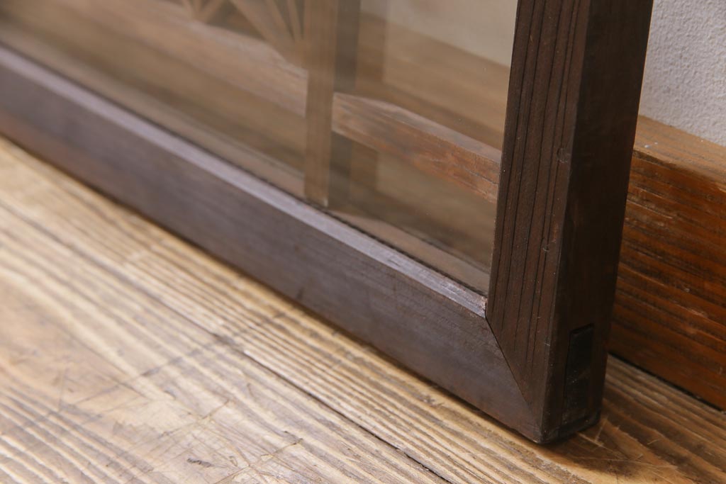 アンティーク雑貨 昭和初期 組子入り 角麻 モダンなガラス欄間(明かり取り、明り取り)(1)