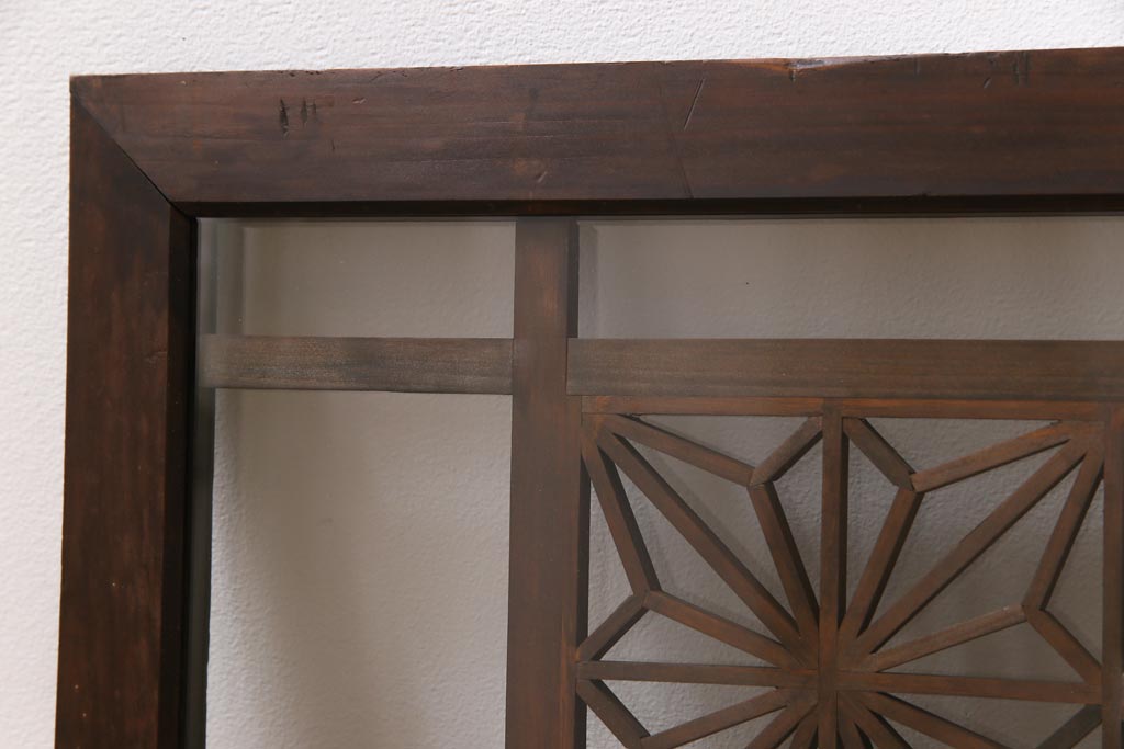 アンティーク雑貨 昭和初期 組子入り 角麻 モダンなガラス欄間(明かり取り、明り取り)(1)