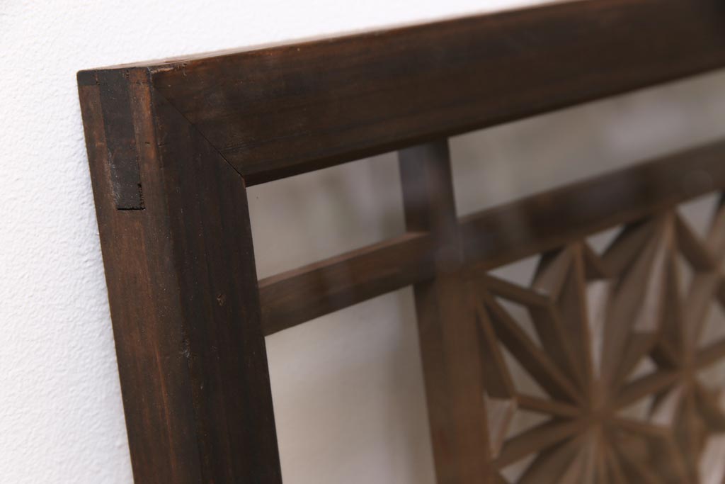 アンティーク雑貨 昭和初期 組子入り 角麻 モダンなガラス欄間(明かり取り、明り取り)(2)